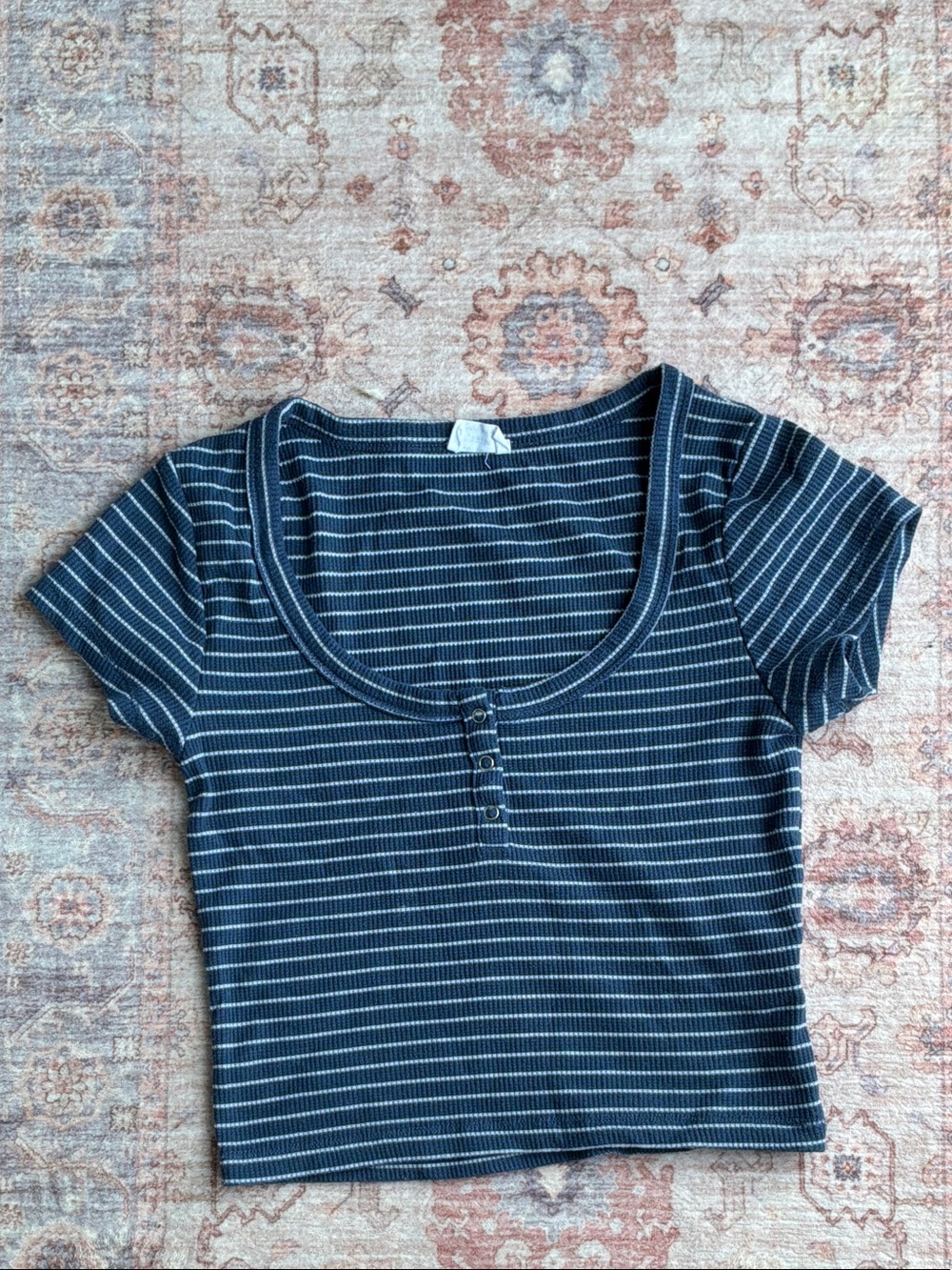 Cotton On Navy and White Ribbed Striped Crop Top